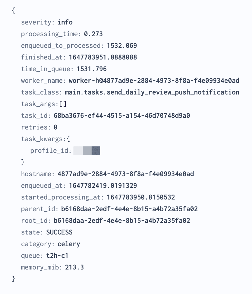 An example of a canonical log line with a subset of the metrics above, generously provided by <a href='https://readwise.io'>Readwise.io</a>, who I helped set up canonical log lines for.