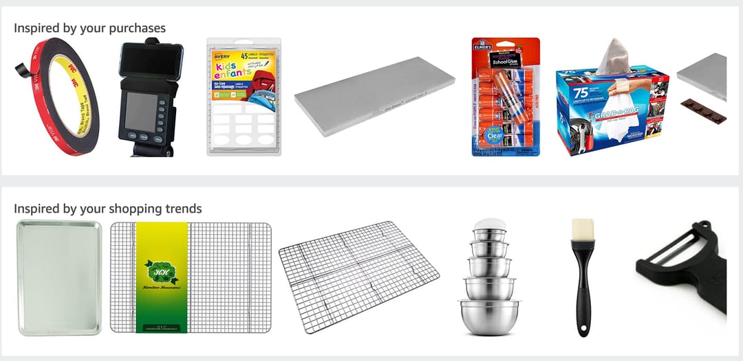 Amazon recommendation rows showing products suggested from past purchases and shopping trends, like tape, labels and kitchenware.