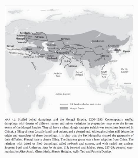 Book map showing stuffed dumpling names across Eurasia overlaid on the Mongol Empire and Silk Road trade routes.