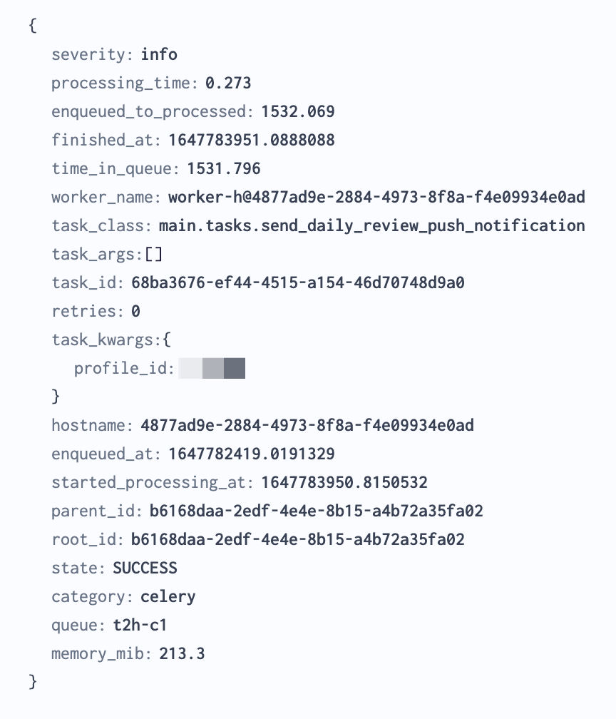 An example of a canonical log line with a subset of the metrics above, generously provided by <a href='https://readwise.io'>Readwise.io</a>, who I helped set up canonical log lines for.